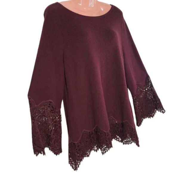Chico's Women's Long Sleeve Burgundy Blouse/Sweater Ribbed Lace Size 2P … - Picture 4 of 16